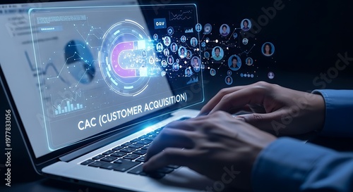 Analyzing Customer Acquisition Cost Data on a Laptop Screen.