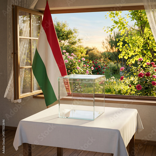 empty transparent ballot box stands on a white tablecloth near an open window. a hungarian flag is displayed nearby. a sunny garden with roses is seen through the window in summer day.