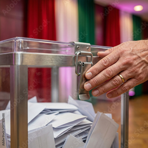 detailed shot of a voter hand closing a metal bolt on a ballot box. blurred hungarian flag folds and silhouettes of people waiting are in the room background.