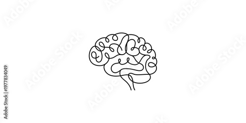 A continuous line drawing of a human brain on a white background