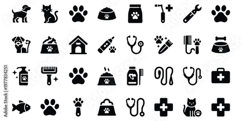 Creative pet icon set with dog, paw, syringe, comb, scissors, and health symbols, modern vector style suitable for veterinary, grooming, and pet business designs.