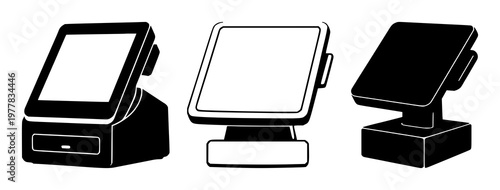 Point of sale terminal set with solid black icon on white background featuring icon, POS, terminal with black graphic and white background