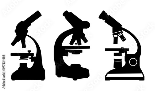Laboratory microscope set with solid black icon on white background featuring microscope, optics, research with biomedical and science