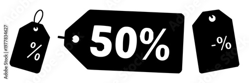 Price discount tag set with solid black icon on white background featuring discount label, price tag, sale sign with commerce and savings