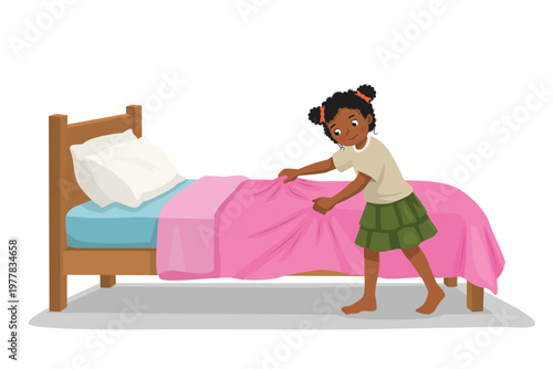 Little African girl making bed in the morning
