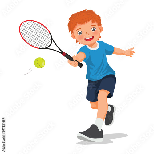 Little boy play tennis with racket to hit the ball
