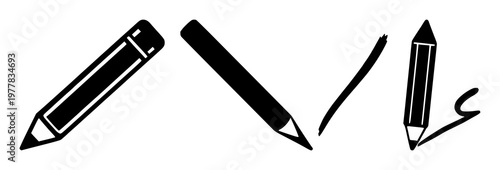 Edit pencil icon set with solid black shapes and simple pictogram design featuring stationery, writing, amendment with drawing and creativity