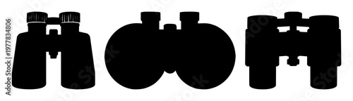 Binoculars set with a solid black icon design featuring binoculars, vision, icons with simple line art and monochrome with bold geometry and clean shape