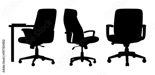 Home office chair set with solid black icon on white background featuring office furniture, seating, ergonomic design with vector and illustration