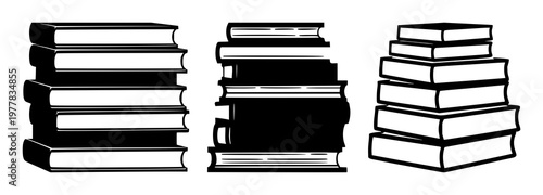 Books set with minimalist black icon stack illustration on white background depicting layered booky silhouette design featuring books, stack, icon with minimalism and flat design