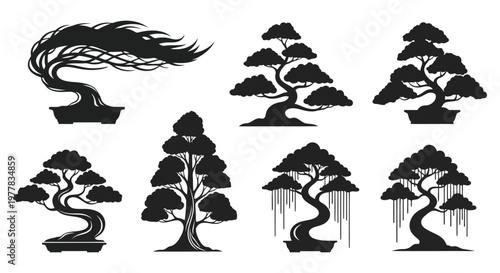 A collection of seven different bonsai tree silhouettes