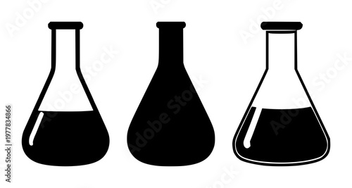 Laboratory flask icon set with solid black shapes featuring scientific research, chemical glassware, experimental equipment with biotechnology and education symbols
