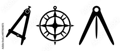 Mathematical compass icon set with solid black illustration against white background featuring compass, geometry, angle with vector and illustration