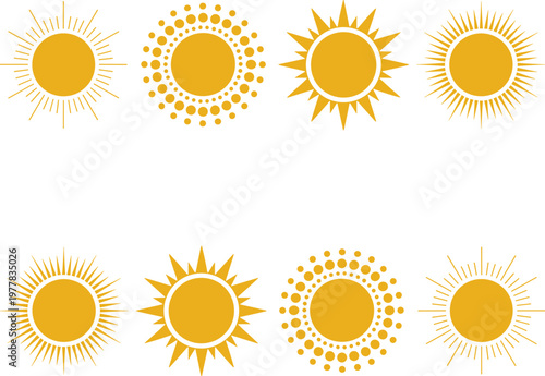Sun icon collection with different ray styles circular solar symbols summer weather flat yellow vector set