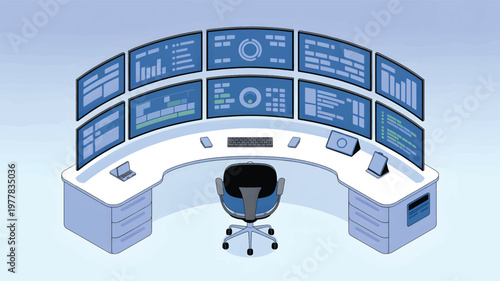 Isometric workstation with curved desk, office chair, and multiple computer monitors displaying data