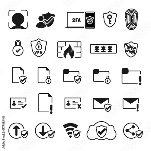 Security and Privacy Line Icon Set – Cyber Protection, 2FA, VPN, Firewall, Secure Files and Network Symbols