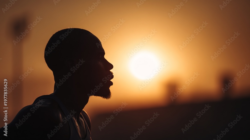 Fototapeta premium marathon. Silhouette of a runner against a sunrise with golden rim lighting and a blurred track. event key visuals, club posters, designed for sports event promotions and stadium branding.