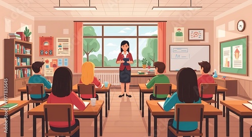 Illustration shows a classroom scene with teacher, students, desks, windows, and educational items