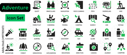 Solid vector of Adventure icon set. Adventure solid icon set. Modern tourism adventure solid icon set featuring mountain camping trip, beach holiday vacation, travel passport ticket, and hotel booking