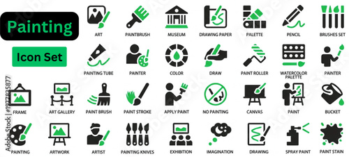 Solid vector of Painting icon set. Painting solid icon set. Painting and drawing solid icon set. Artist, paints and brush, art tools, palette, pencil and picture.