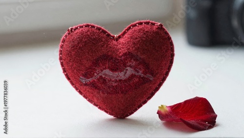 Red felt heart with stitched smile and flower petal