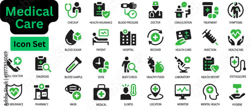 Solid vector of Medical Care icon set.  Medical Care solid icon set. Healthcare icon set. Containing treatment, prevention, medical, health, diagnosis, report, illness, injury and more. 