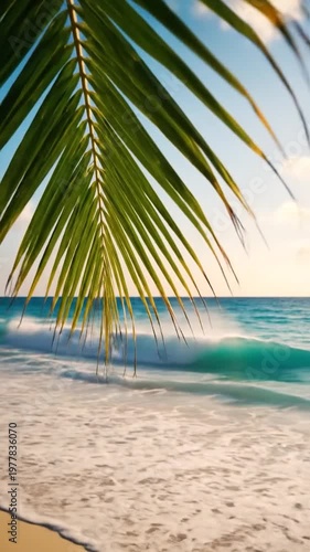 A beautiful view of a tropical beach with palm leaves framing the bright blue ocean waves