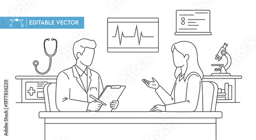 A professional male doctor is having a medical consultation with a female patient in a modern clinical office.