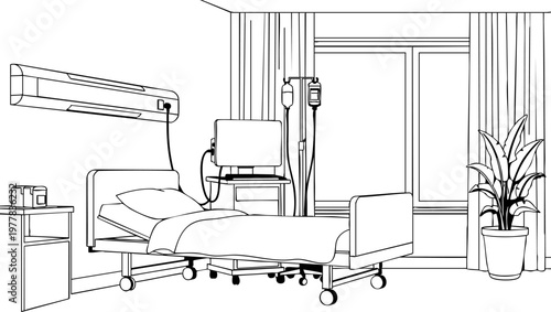 Clean black and white line art vector illustration showing a modern hospital patient recovery room setup.