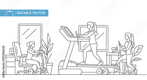 Active women exercising on various gym equipment in this detailed black and white line vector illustration.