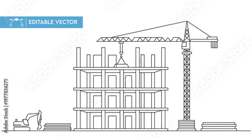 Minimalist vector line art illustration of a tall building construction site with a heavy crane.