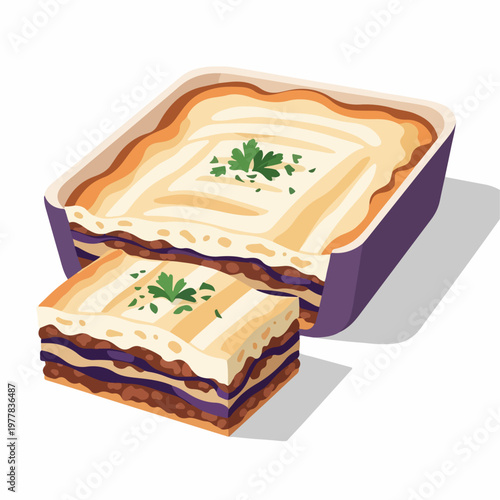 vector illustration of typical Greek moussaka food on white background