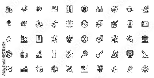 Bioengineering icon set. Science vector icons pack. Includes symbols for DNA, genetics, lab equipment, research, molecules, microbiology and more. Editable stroke.