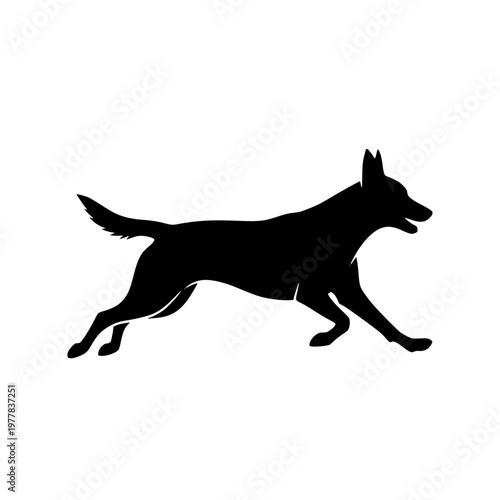 Black silhouette of a running German Shepherd or Belgian Malinois dog