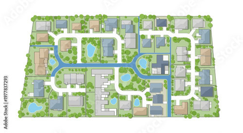 Suburban Residential Neighborhood Site Plan Illustration with Houses, Green Spaces, and Community Layout