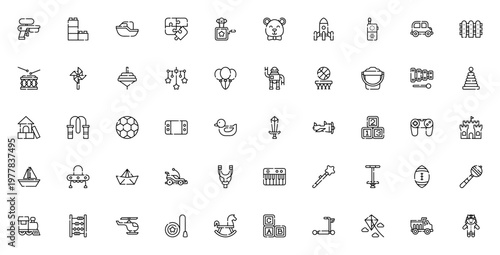 Children Toys icon set. Vector illustration of kids playthings including water gun, teddy bear, robot, puzzle, blocks, ball, drum, plane, car and more. Editable stroke.
