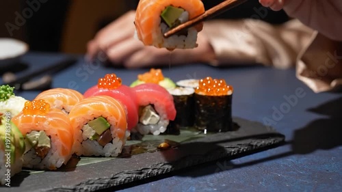A person uses wooden chopsticks to pick up a piece of fresh salmon sushi roll from a dark stone serving platter at a dining table