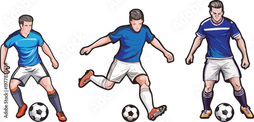 Football Player Vector Set in Action Poses, Soccer Dribbling and Kicking Illustration, World Cup 2026 Theme
