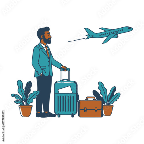 Businessman with luggage looking at airplane flying away