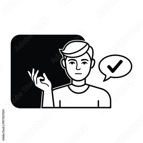 Man giving ok hand sign with speech bubble and checkmark