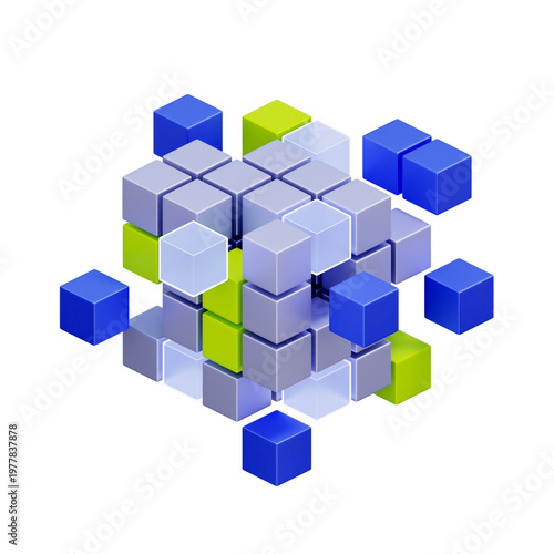 3D illustration of glass cube with inner blocks for microservices architecture, software modularity, system integration, data structure, and application building.