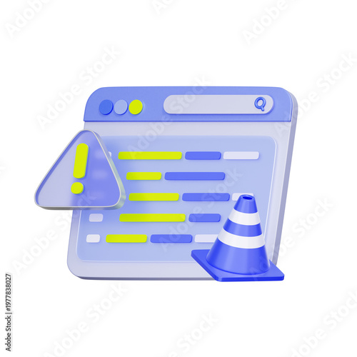 3D illustration of browser window with warning triangle and traffic cone for website maintenance, error 404, system downtime, frontend debugging, and site repair.