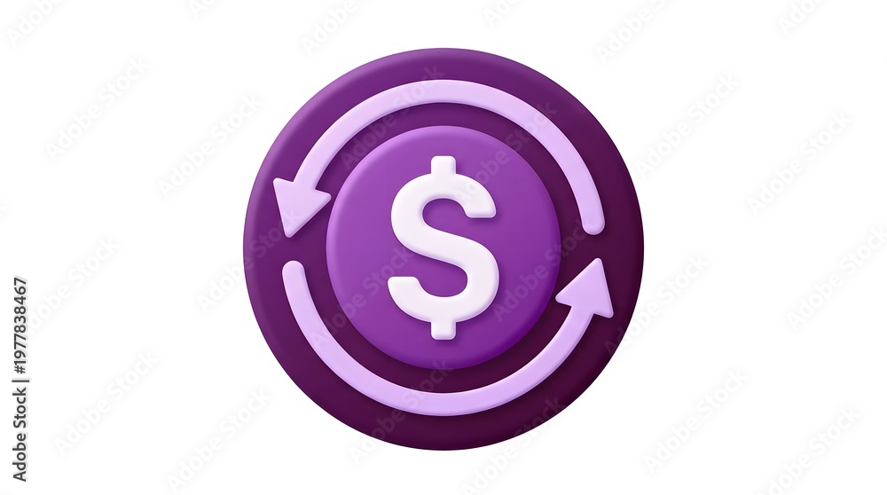 Fototapeta premium A purple circular icon with a dollar sign and arrows indicating financial transactions or currency exchange.