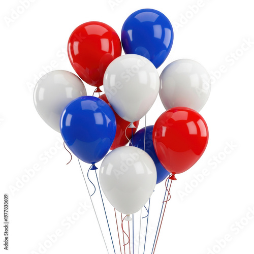 3d rendered cluster of red, white, and blue balloons
