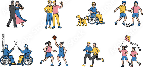Active Lifestyle and Social Activities Vector Set with Dancing, Sports, Fitness, and Wheelchair-Friendly Designs for Digital Media