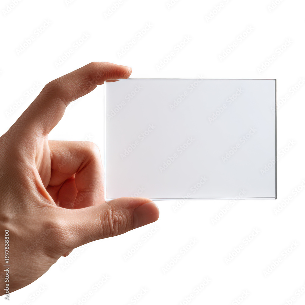 Obraz premium Hand holding a blank white business card isolated on transparent background