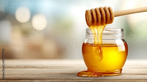 Raw Honey in Glass Jar on Worn Kitchen Counter with Wooden Dipper