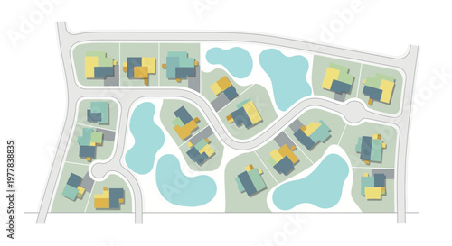Top View Residential Neighborhood Site Plan Illustration with Modern Houses, Ponds and Green Spaces