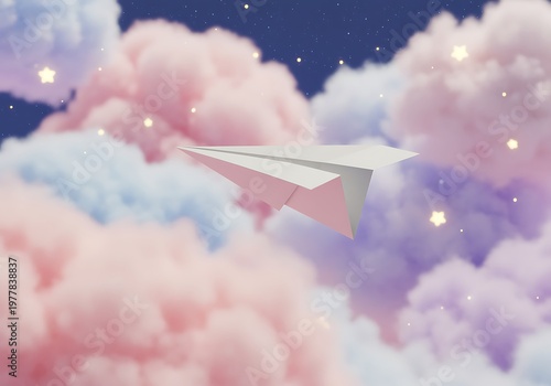 paper airplane flying through colorful clouds and stars in the sky
