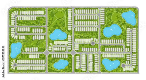 Top Down View of a Suburban Master Plan with Residential Housing, Green Parks, and Ponds